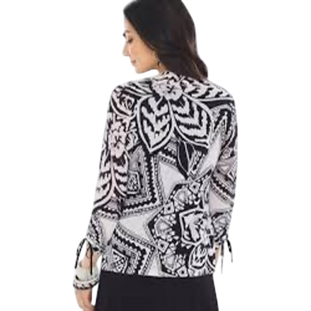 Chico's Women's B/W Abstract Floral Ruched-Sleeve Sweater Cardigan SZ 0 US S - Picture 2 of 11